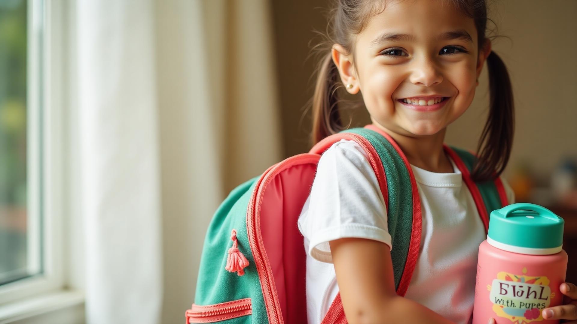 Happy child with labeled school items